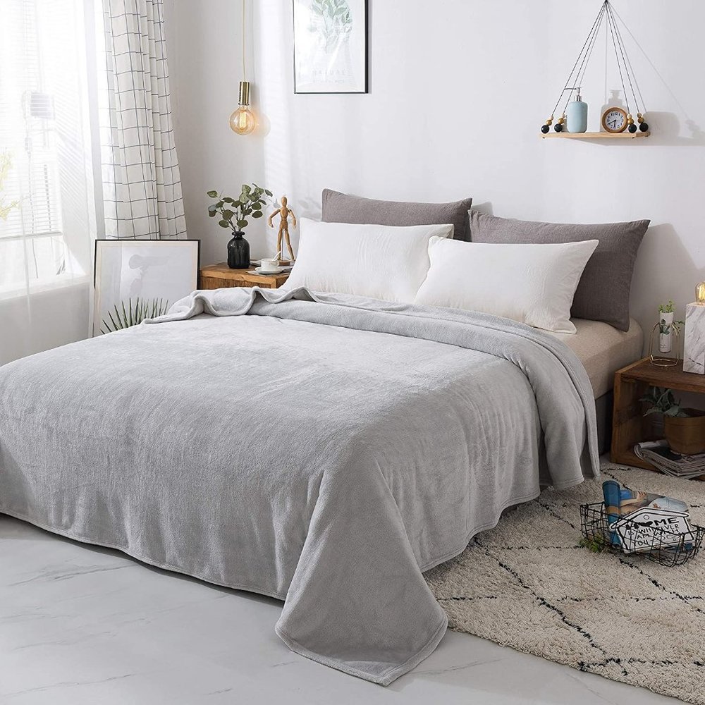 Soft Velvety Light Grey Plush Bed Blanket, Twin